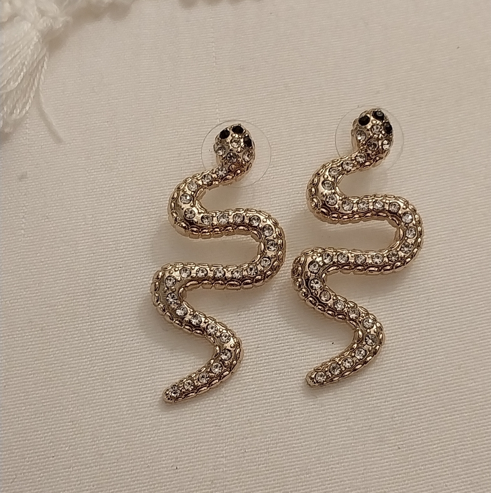 Gold and Rhinestone Snake Earrings